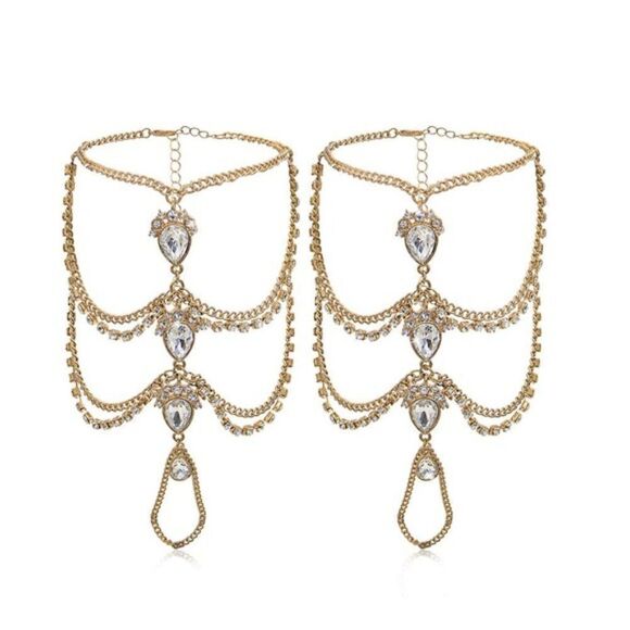 Yellow Gold and White Diamond Cubic Zirconia Adjustable Foot Chains - Set of 2 - Picture 4 of 6